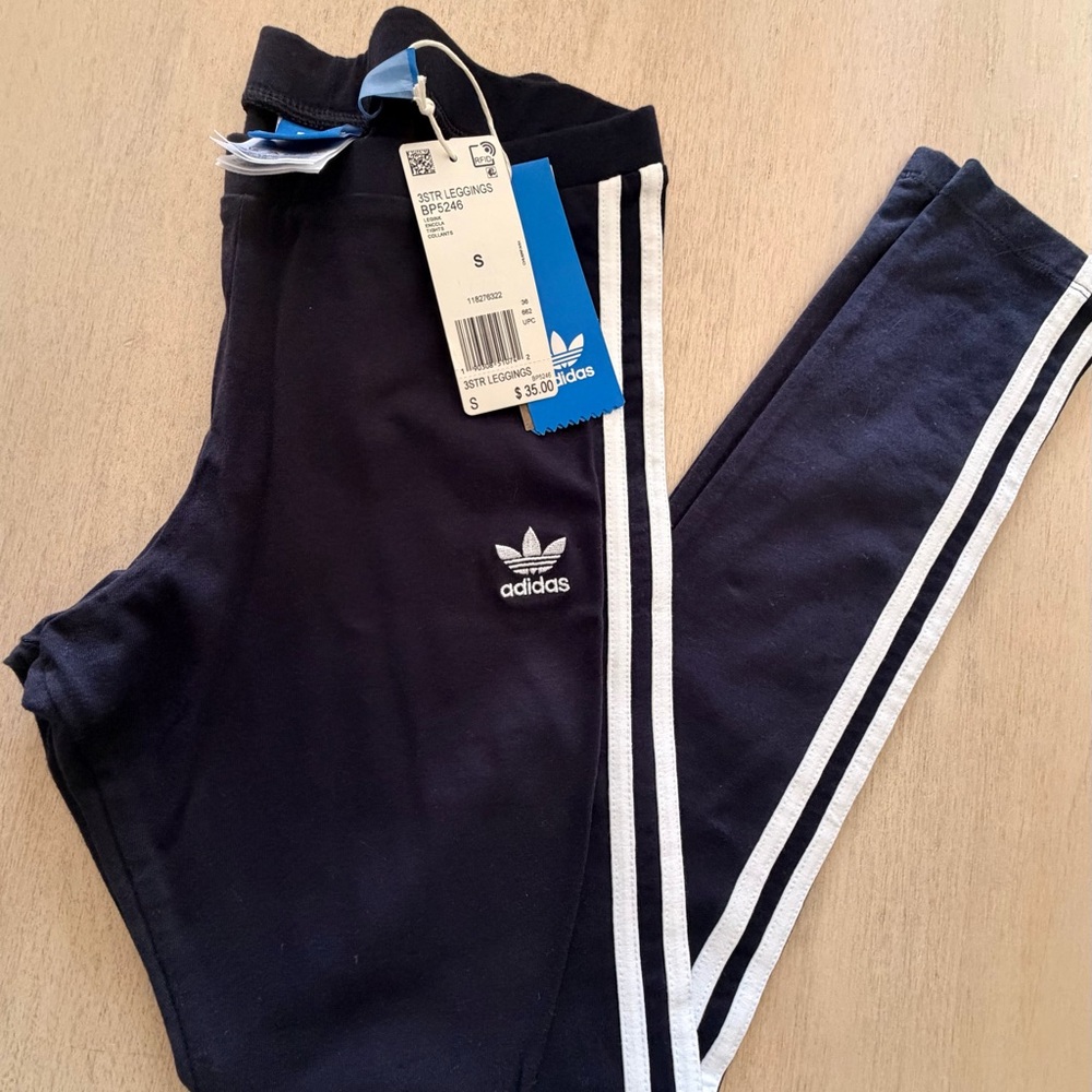 Adidas Womens Dark Blue Leggings with White Stripes